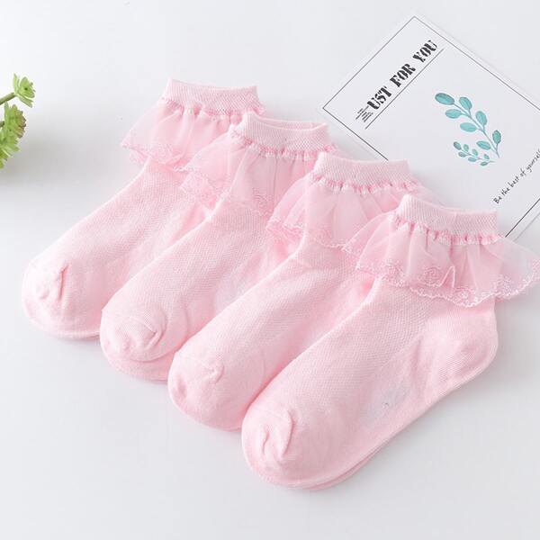 

4pairs Toddler Girls Lace Trim Socks, Pink