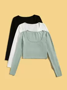 SHEIN EZwear 女性加大尺碼純色方領修身t恤