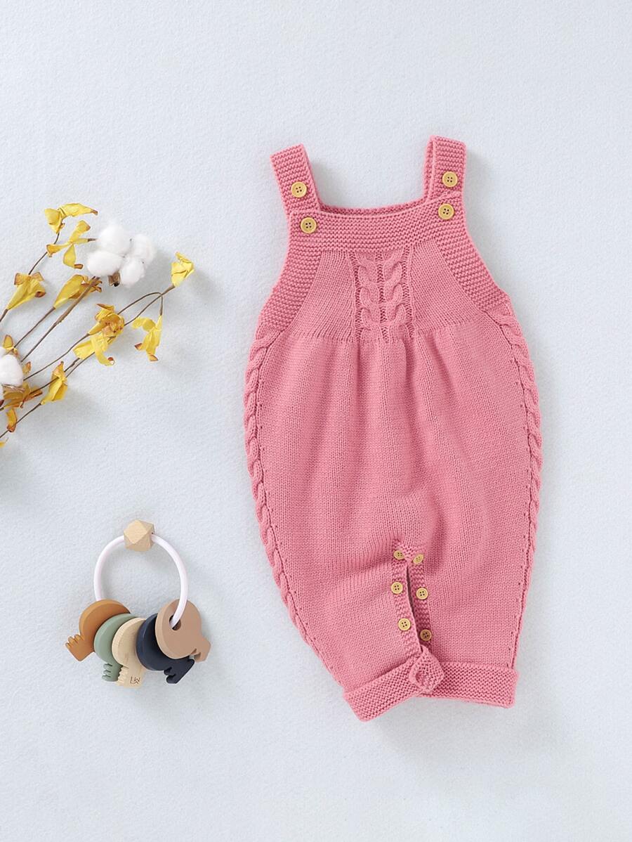 Baby Girl Button Detail Cable Knit Jumpsuit - Pink - View 1