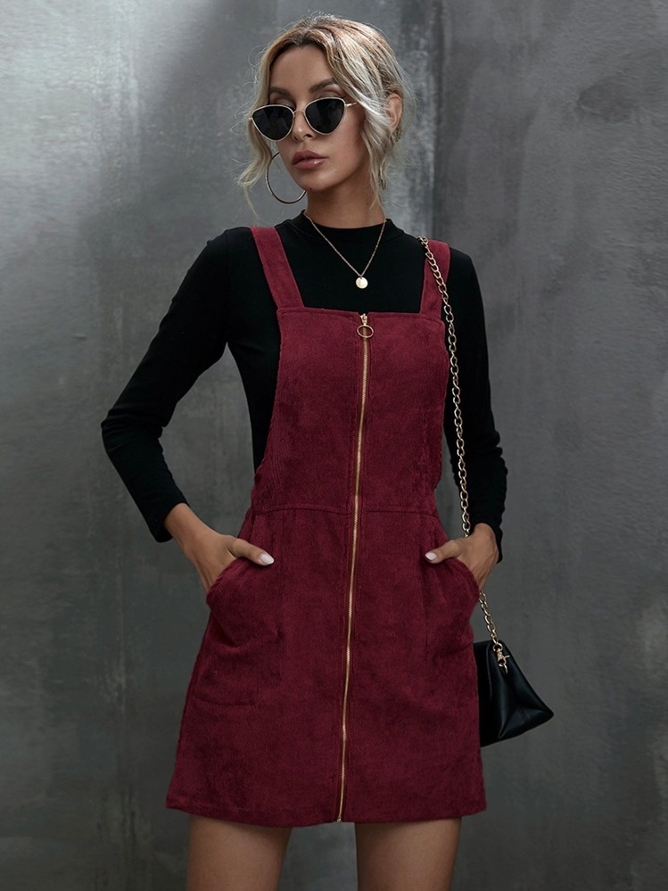 SHEIN LUNE Corduroy O-Ring Zipper Mini Overall Dress Burgundy Color Women Outfit - Burgundy - View 1