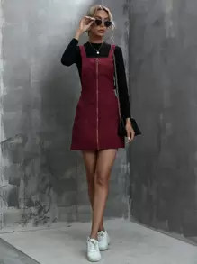 SHEIN LUNE o形環拉鏈燈芯絨背帶裙 - 酒紅色 - 查看 3