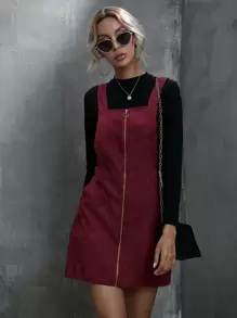 SHEIN LUNE o形環拉鏈燈芯絨背帶裙 - 酒紅色 - 查看 4