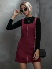 SHEIN LUNE o形環拉鏈燈芯絨背帶裙 - 酒紅色 - 查看 5