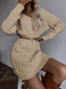 SHEIN Essnce Cable Knit Jumper Dress Without Belt - Khaki - View 1
