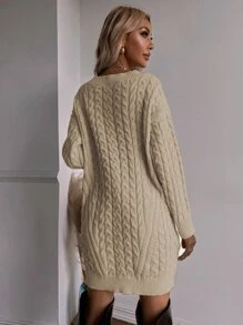 SHEIN Essnce Cable Knit Jumper Dress Without Belt - Khaki - View 2