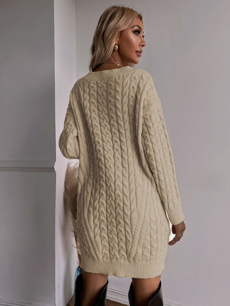 SHEIN Essnce Cable Knit Jumper Dress Without Belt - Khaki - View 2