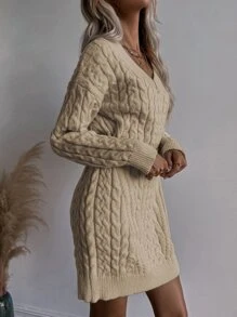 SHEIN Essnce Cable Knit Jumper Dress Without Belt - Khaki - View 3