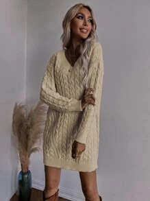 SHEIN Essnce Cable Knit Jumper Dress Without Belt - Khaki - View 4