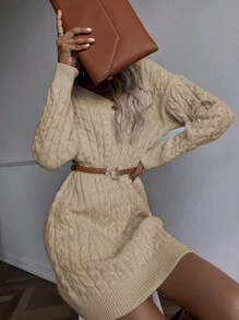 SHEIN Essnce Cable Knit Jumper Dress Without Belt - Khaki - View 5