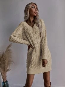SHEIN Essnce Cable Knit Jumper Dress Without Belt - Khaki - View 6