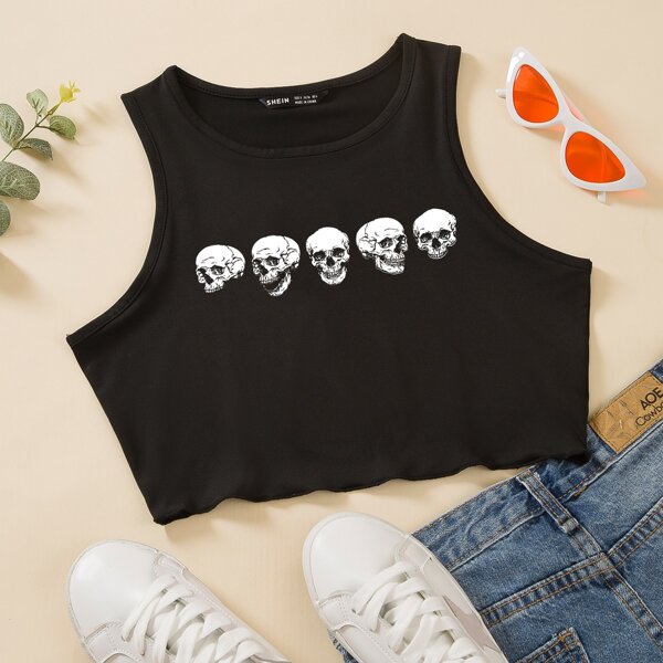 

Skull Print Crop Tank Top, Black