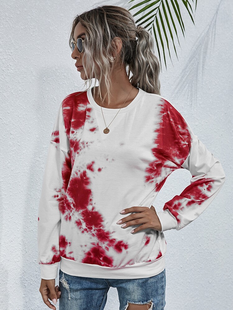 SHEIN LUNE Tie Dye Round Neck Sweatshirt - Red and White - View 4