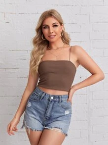 SHEIN Essnce 羅紋針織素色短版吊帶上衣 - 摩卡棕 - 查看 1