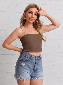 SHEIN Essnce 羅紋針織素色短版吊帶上衣 - 摩卡棕 - 查看 4