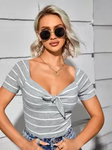 Muchica Knot Front Striped Top - Light Grey - View 1