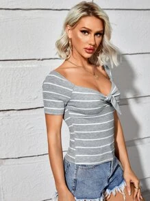 Muchica Knot Front Striped Top - Light Grey - View 4