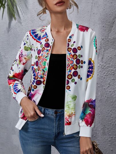 SHEIN プラス 花柄 ＆ スカルプリント ジッパーアップ ボンバージャケット 花柄プリント ジッパーアップ ボンバージャケット | SHEIN JAPAN