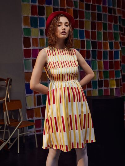 Noreen 條紋圖案後拉鏈連衣裙