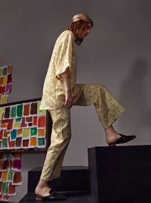 Dulcè Allover Print Flare Leg Trousers - Apricot - View 3