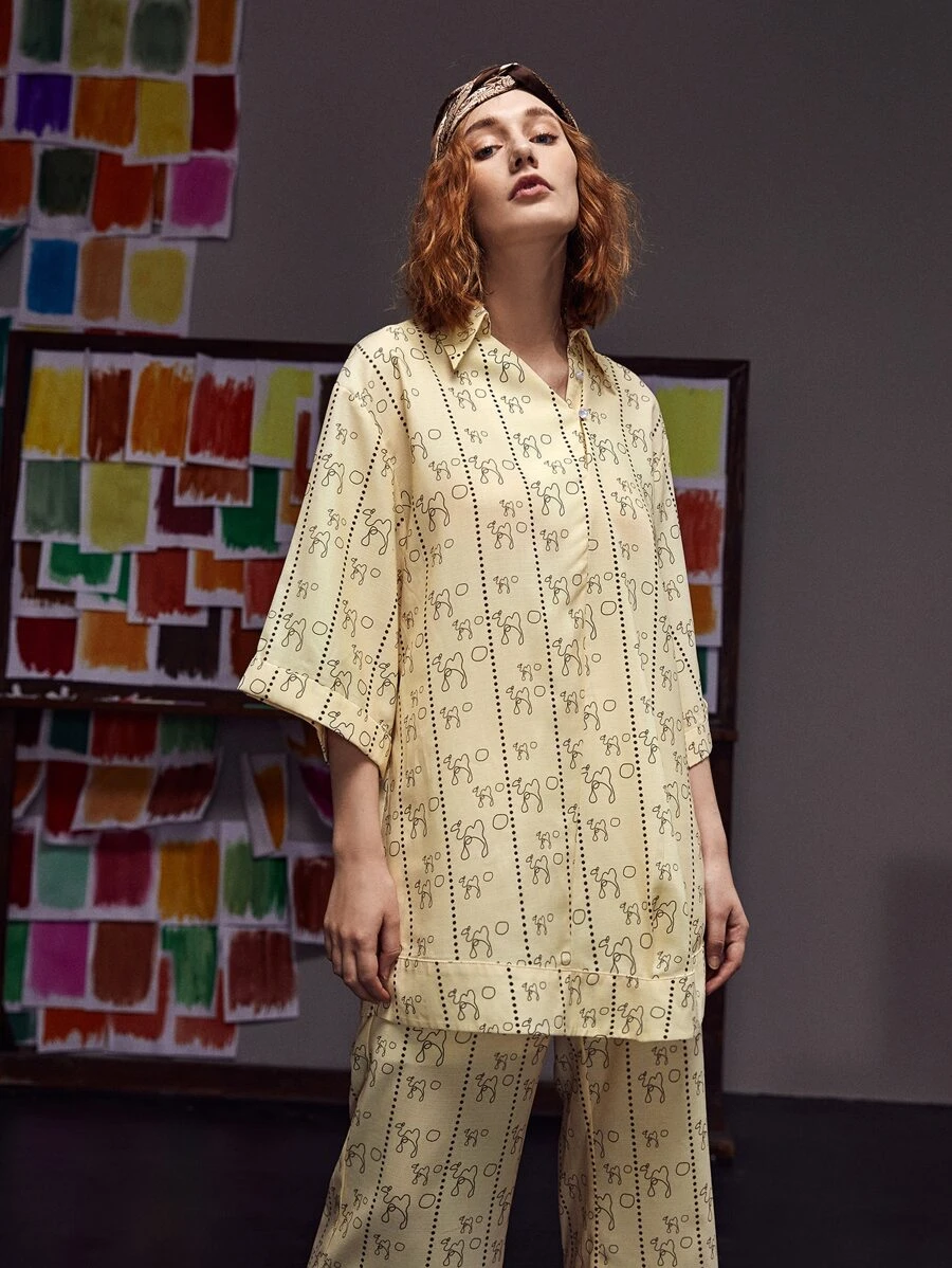 Dulcè Allover Print Roll Up Sleeve Blouse - Apricot - View 1