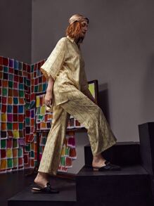 Dulcè Allover Print Roll Up Sleeve Blouse - Apricot - View 3