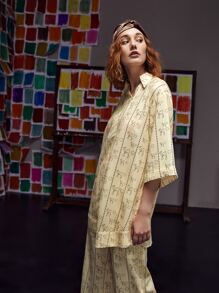 Dulcè Allover Print Roll Up Sleeve Blouse - Apricot - View 4