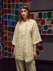 Dulcè Allover Print Roll Up Sleeve Blouse - Apricot - View 5