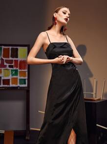 Farah Wali Ruffle Trim Backless Wrap Hem Cami Dress - Black - View 1