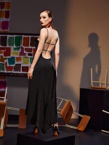 Farah Wali Ruffle Trim Backless Wrap Hem Cami Dress - Black - View 2