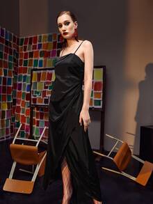 Farah Wali Ruffle Trim Backless Wrap Hem Cami Dress - Black - View 3