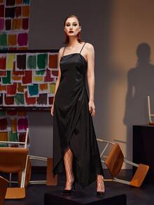 Farah Wali Ruffle Trim Backless Wrap Hem Cami Dress - Black - View 5