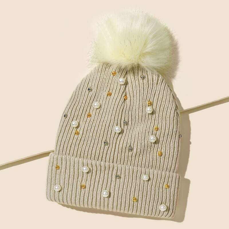 

Faux Pearl Decor Knit Hat, Beige