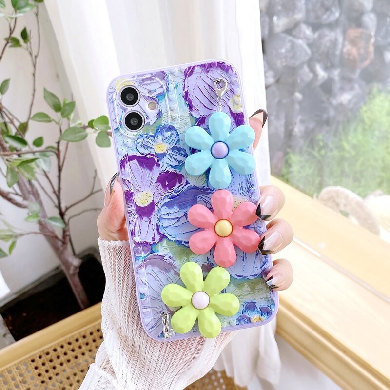 

Oil Painting Phone Case With Flower Hand Strap, Multicolor