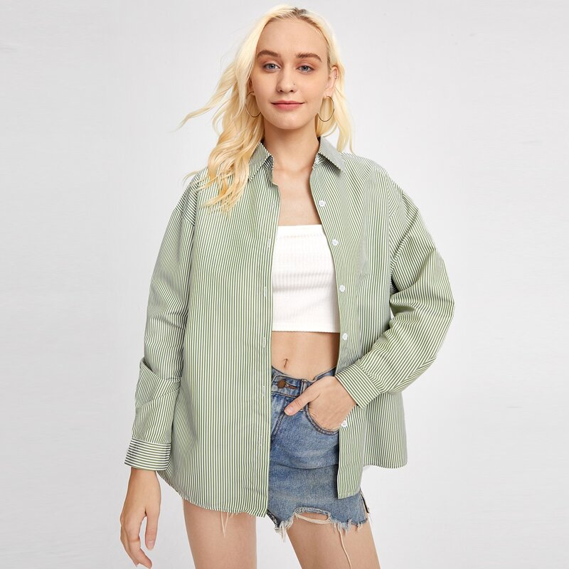 

Striped Button Front Blouse, Green