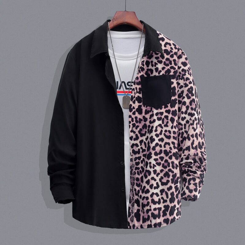 

Guys Leopard Print Color Block Pocket Front Shirt Without Tee, Multicolor