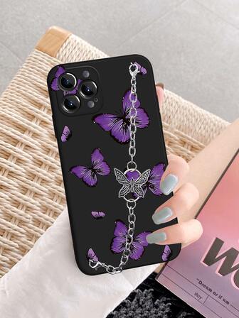 Funda para móvil con patrón de mariposa con de metal con tira de mano de cadena
