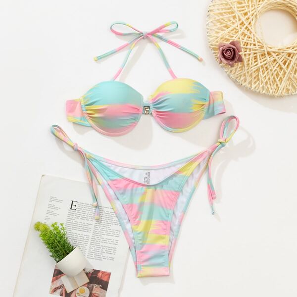 

Brush Print Push Up Tie Side Bikini Swimsuit, Multicolor