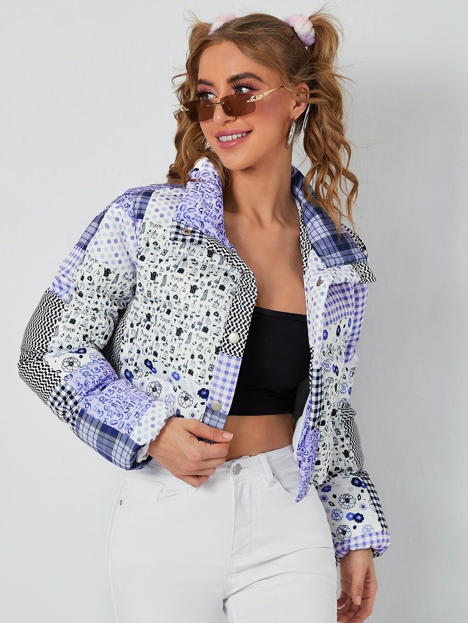 Patchwork Print Crop Padded Coat