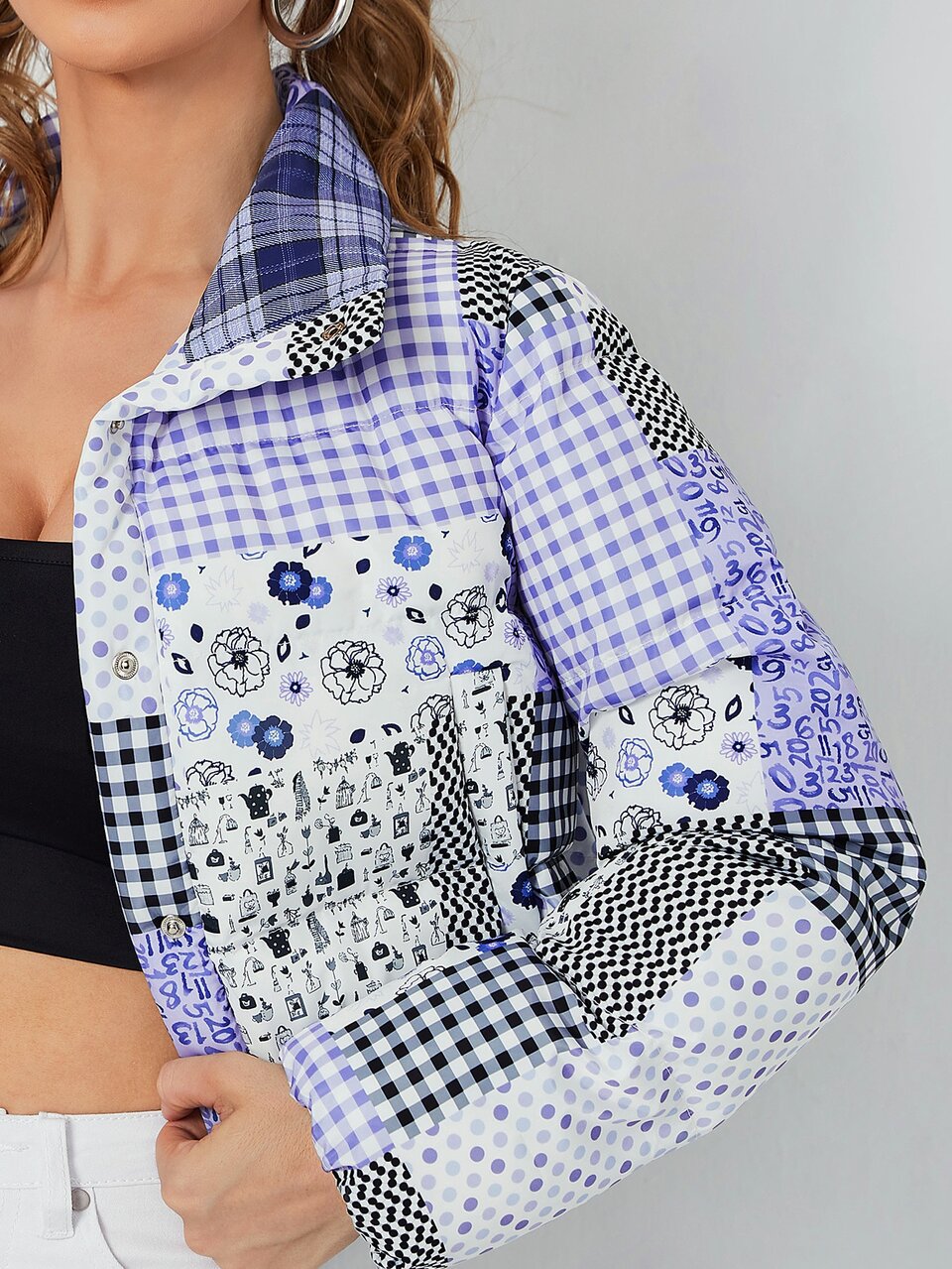 Patchwork Print Crop Padded Coat