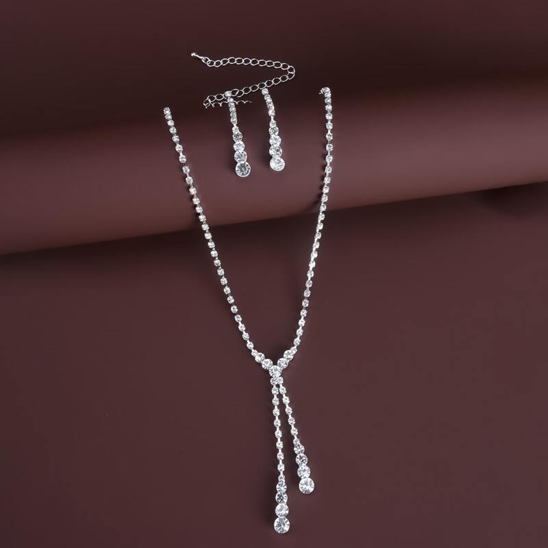 

1pair Rhinestone Decor Earrings & 1pc Necklace, Silver