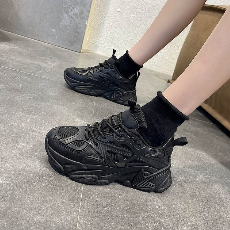 Minimalist Lace Up Front Mesh Panel Sneakers, Black