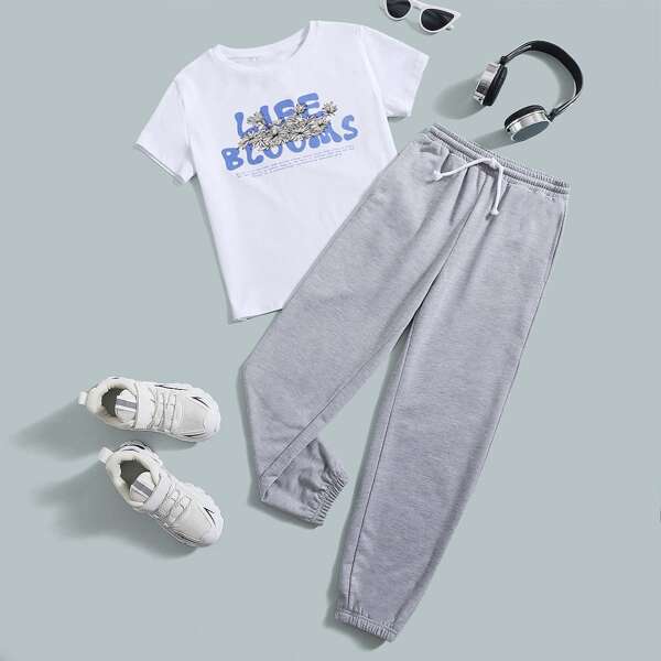 

Boys Slogan And Floral Print Tee & Sweatpants, Multicolor