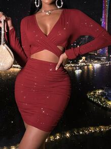SHEIN SXY 深V領前鏤空緊身洋裝 - 酒紅色 - 查看 3