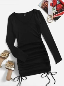 SHEIN EZwear Drawstring Side Ribbed Knit Dress - Black - View 1