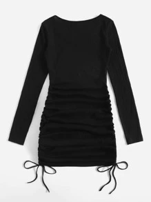 SHEIN EZwear Drawstring Side Ribbed Knit Dress - Black - View 2