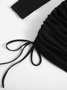 SHEIN EZwear Drawstring Side Ribbed Knit Dress - Black - View 4