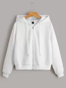 SHEIN EZwear Dây kéo phía trước Dây rút Áo hoodie ấm áp - trắng - Xem 1