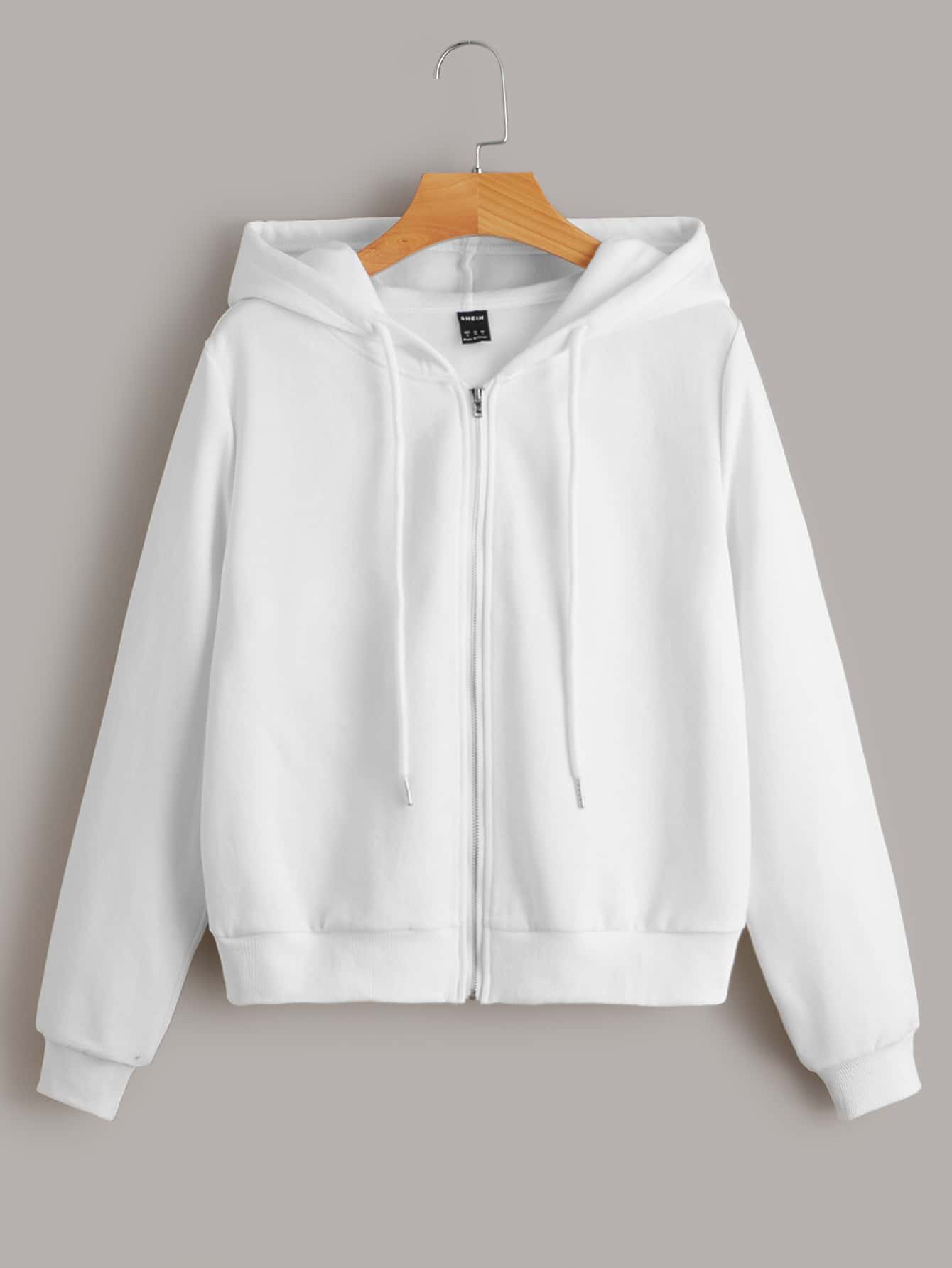 SHEIN EZwear Dây kéo phía trước Dây rút Áo hoodie ấm áp - trắng - Xem 1