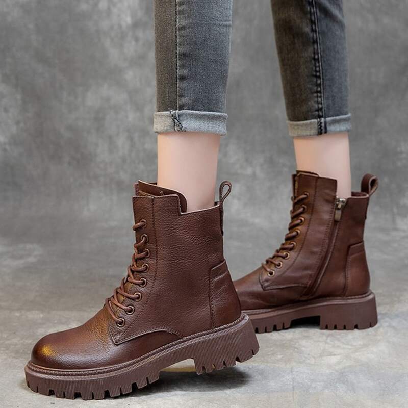 

Side Zipper Lace-up Front Boots, Brown