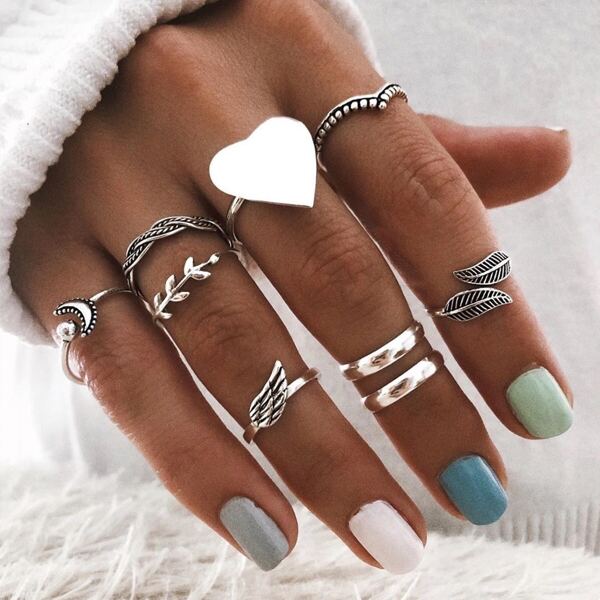 

9pcs Heart Decor Ring, Antique silver